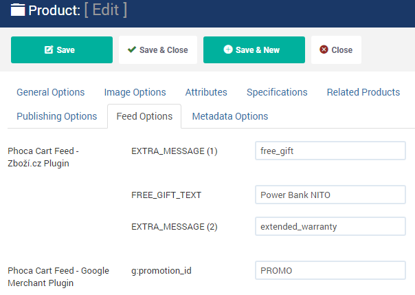 Phoca Cart - XML feed - Product edit - Feed plugin