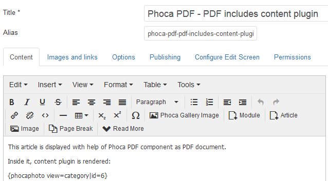 Phoca PDF - creating of article