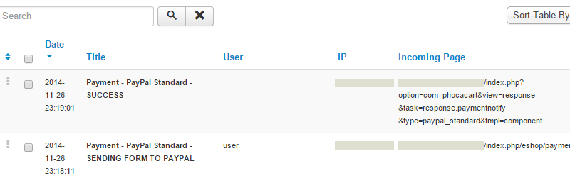 Phoca Cart system log