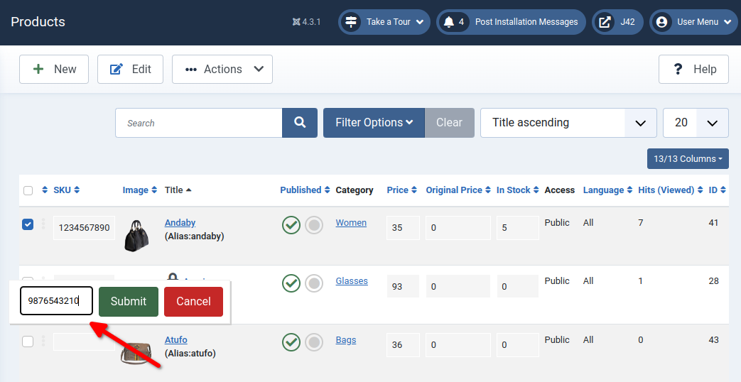 Phoca Cart - product list in administration - edit in place - SKU