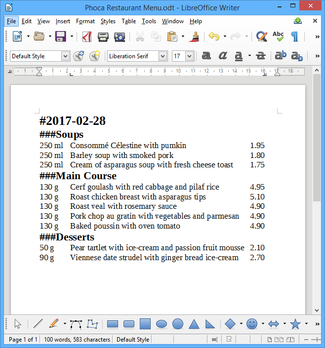 Phoca Restaurant Menu - Preparing menu in office document