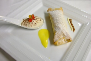 Viennese date strudel with ginger bread ice-cream